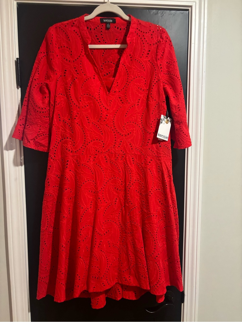 Kensie Bright Red Eyelet V-Neck Fit & Flare Dress